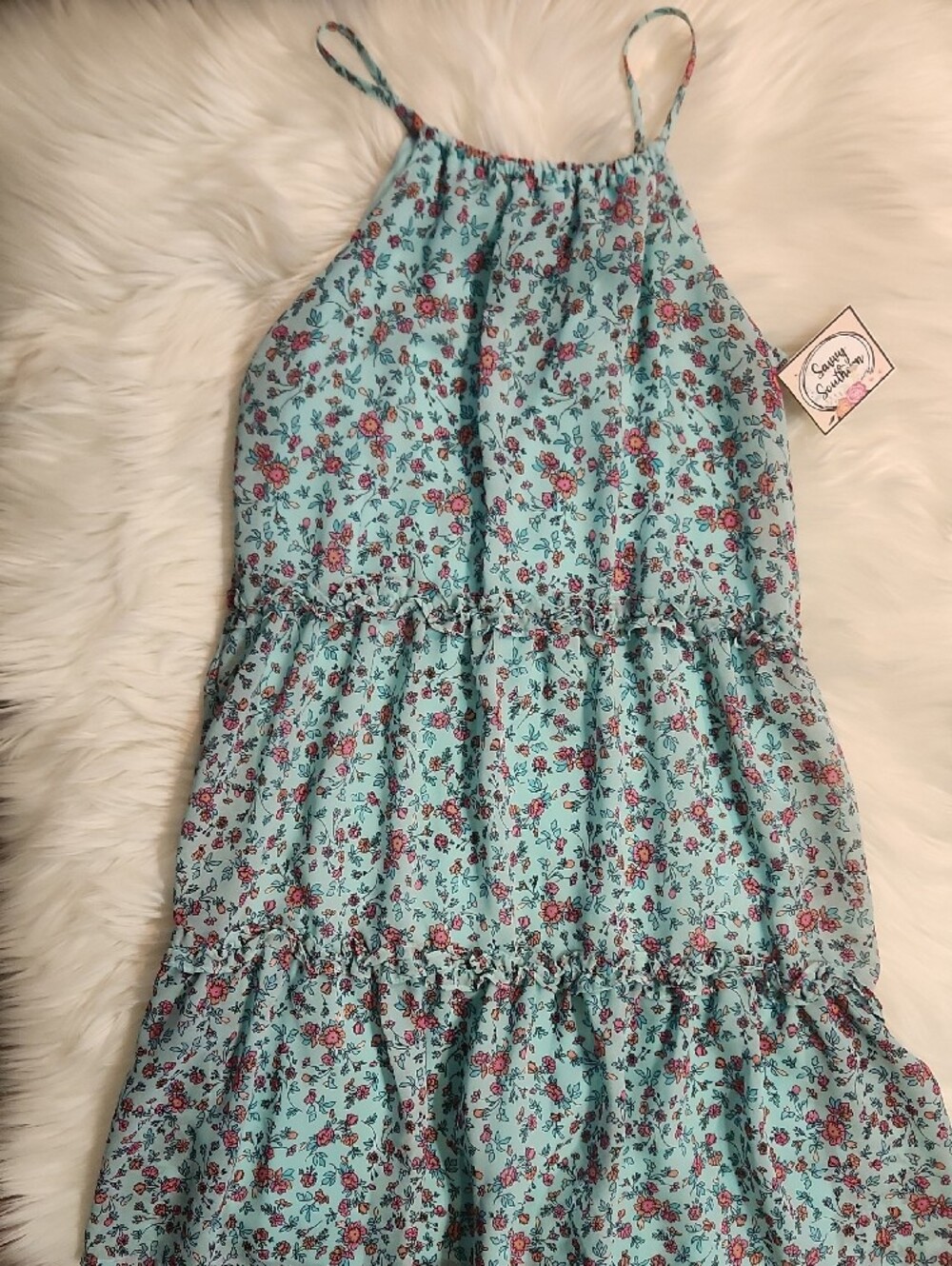 Place Light Blue Floral Tiered Sundress with Pink Flowers